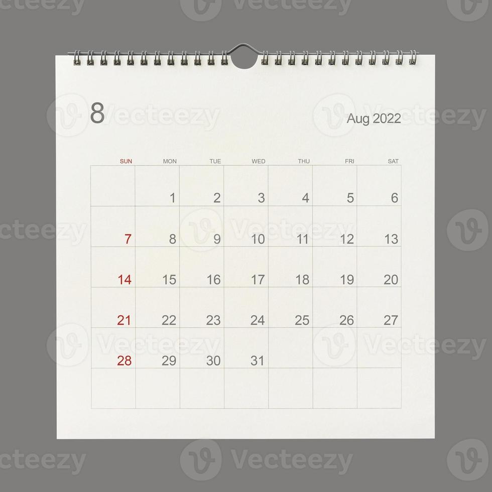 página del calendario de agosto de 2022 sobre fondo blanco. fondo de calendario para recordatorio, planificación de negocios, reunión de citas y eventos. foto