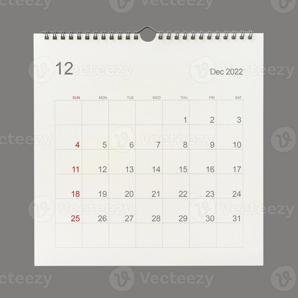 página del calendario de diciembre de 2022 sobre fondo blanco. fondo de calendario para recordatorio, planificación de negocios, reunión de citas y eventos. foto