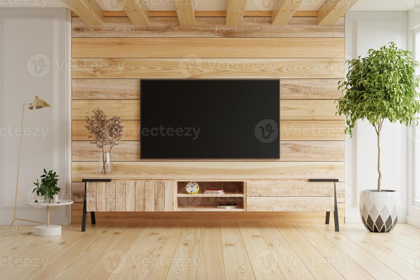 TV LED on the cabinet in modern living room on wooden wall background.  5285949 Stock Photo at Vecteezy