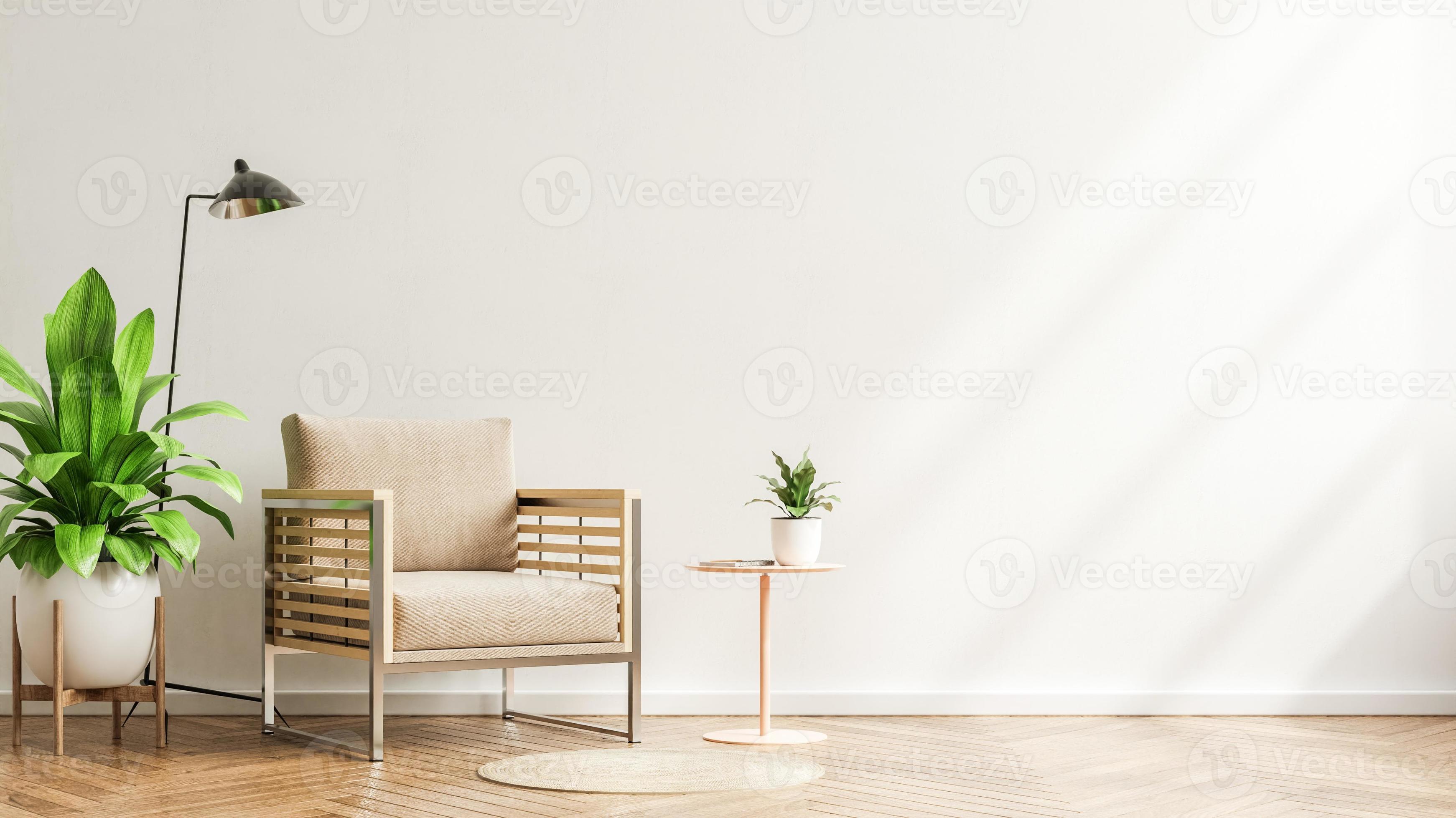 Living room interior wall mockup in warm tones with armchair,minimal