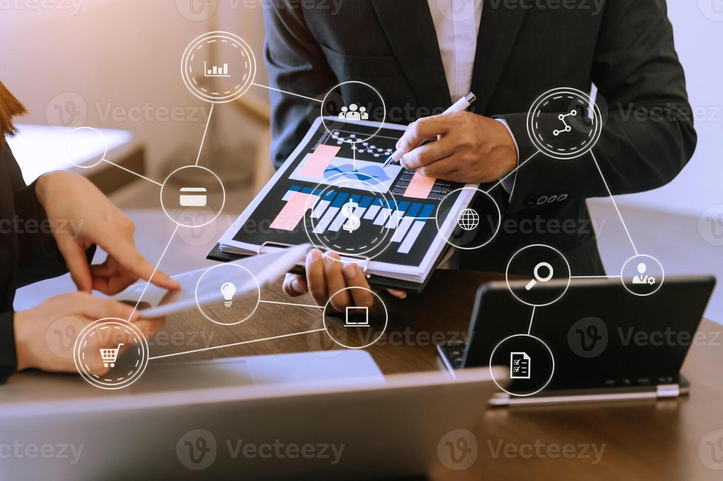 Business team partnership meeting concept. Business hand using laptop, tablet and smartphone  in office. Digital marketing media mobile app in virtual icon screen photo