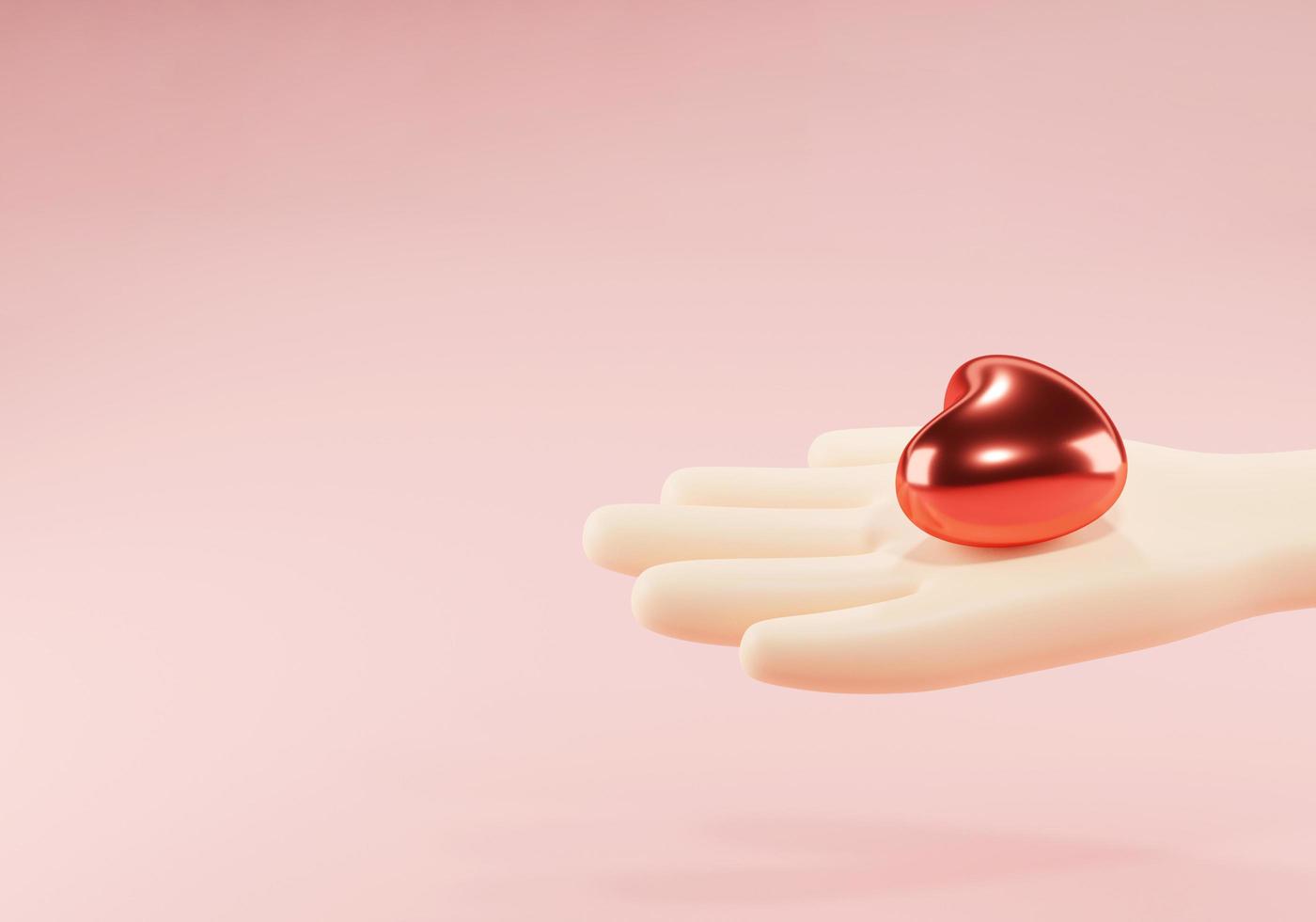 Red hearts in the hands of a man to show his love to his lover on Valentine's Day on a pink background. 3D rendering illustration Valentine background. photo