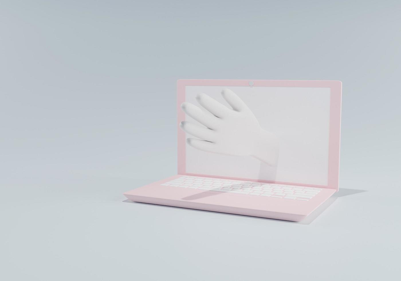 Laptop 3d computer blank white screen mockup with using a hand on the monitor on blue background. Minimal technology 3d rendering illustration, lean view mock-up. photo