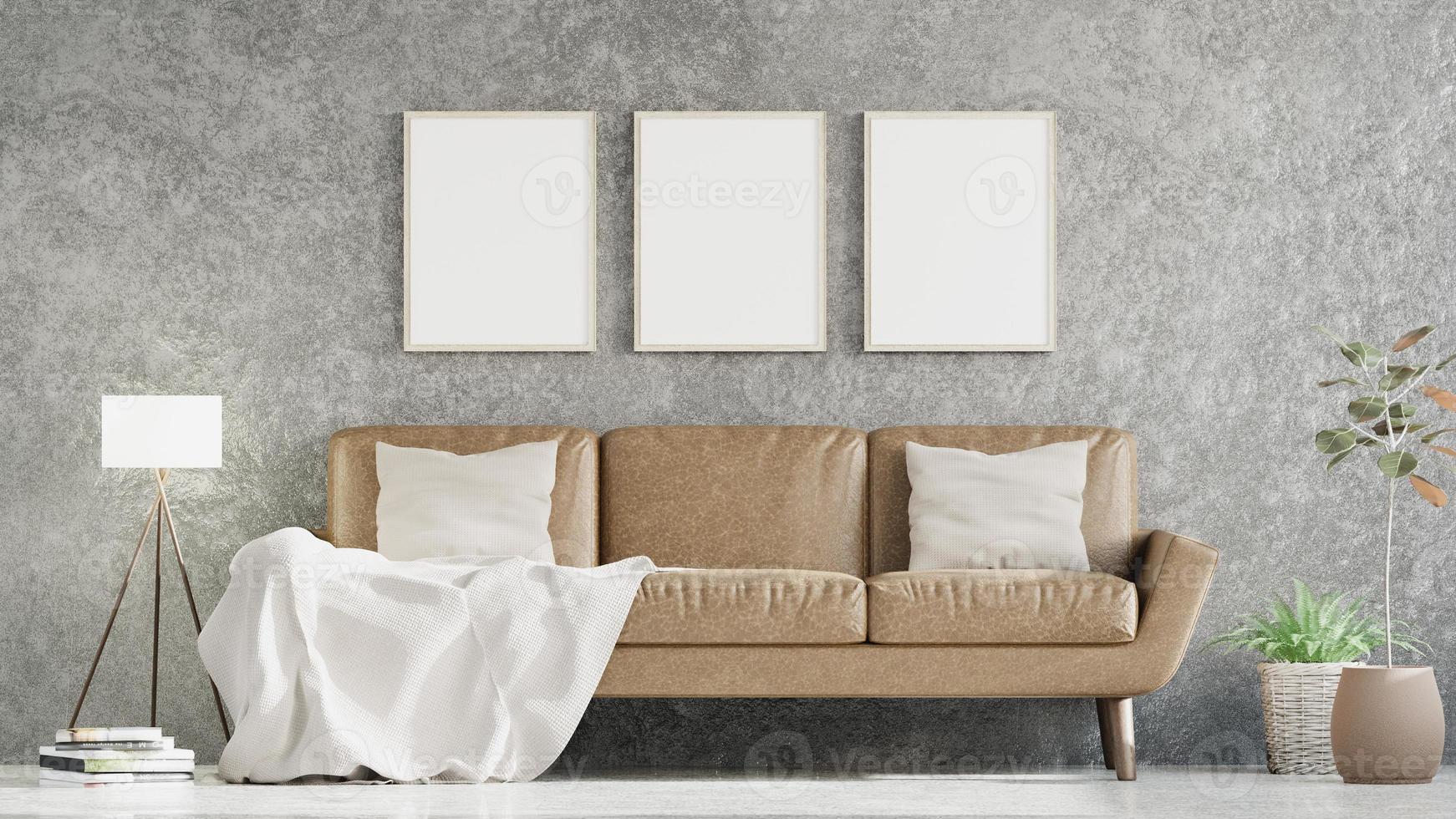 maqueta de afiche vertical con tres marcos en una pared blanca vacía en el interior de la sala de estar, sala de estar, representación 3d foto