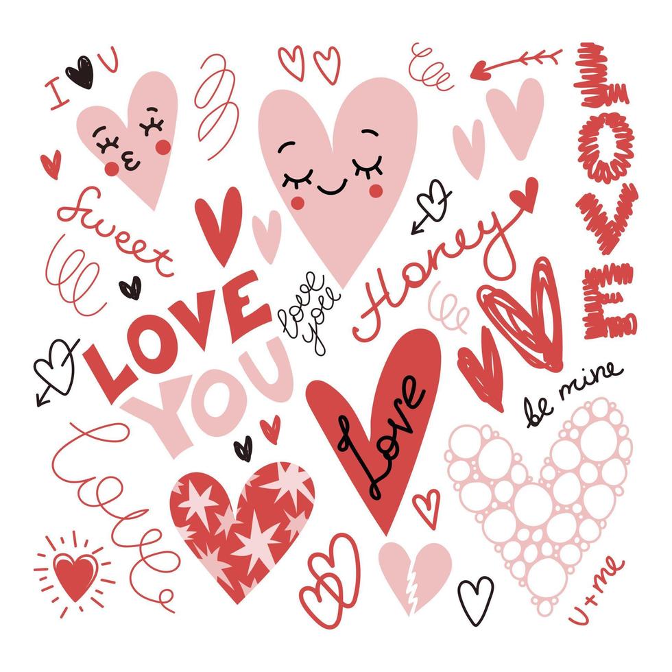 Romantic heart and love set in flat doodle style vector