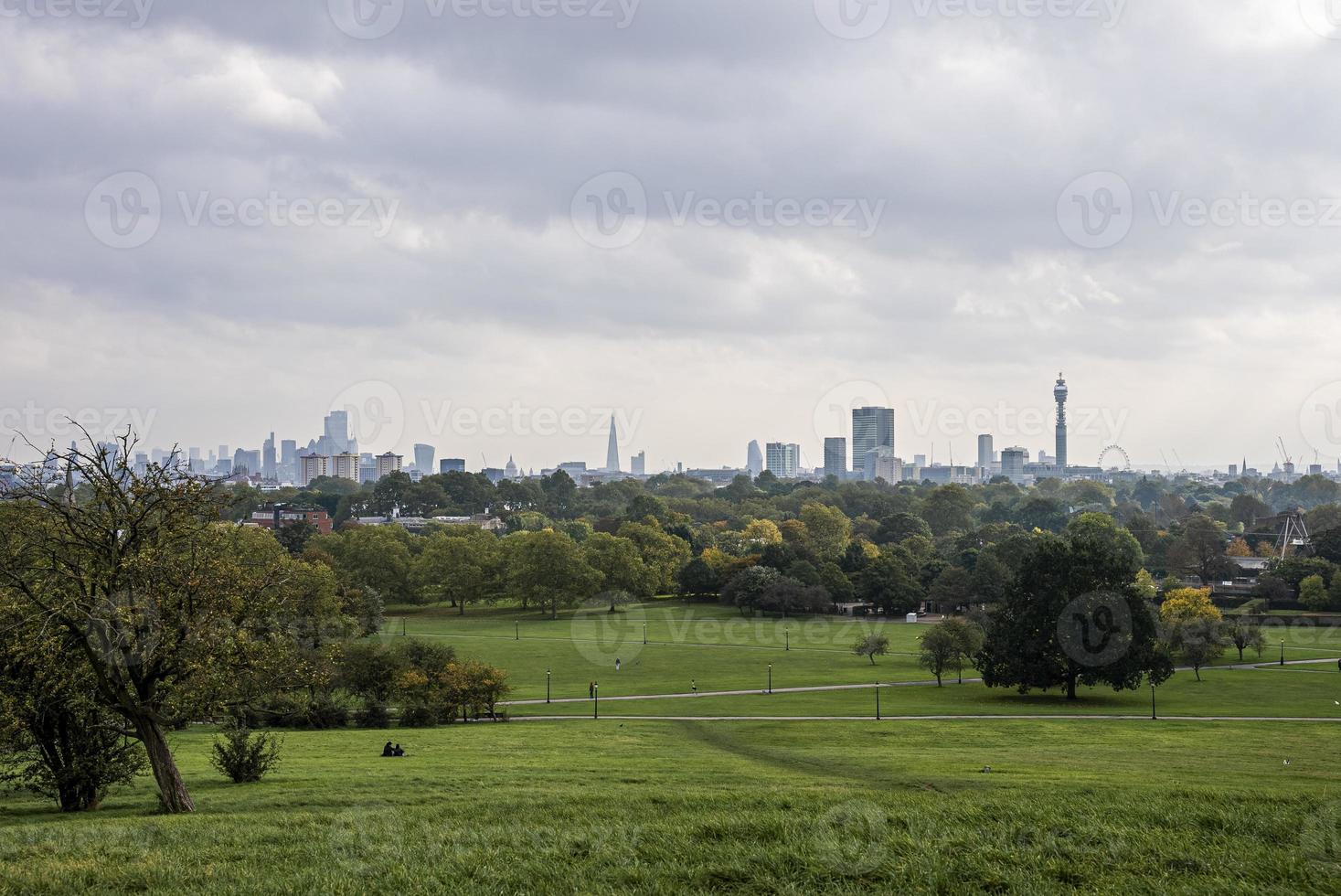 Scenic view of trees in public park with urban skyline photo