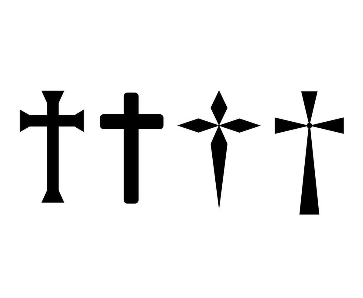 Christian cross. Jesus Christ crucifix, different shapes of crosses religious silhouette signs vector