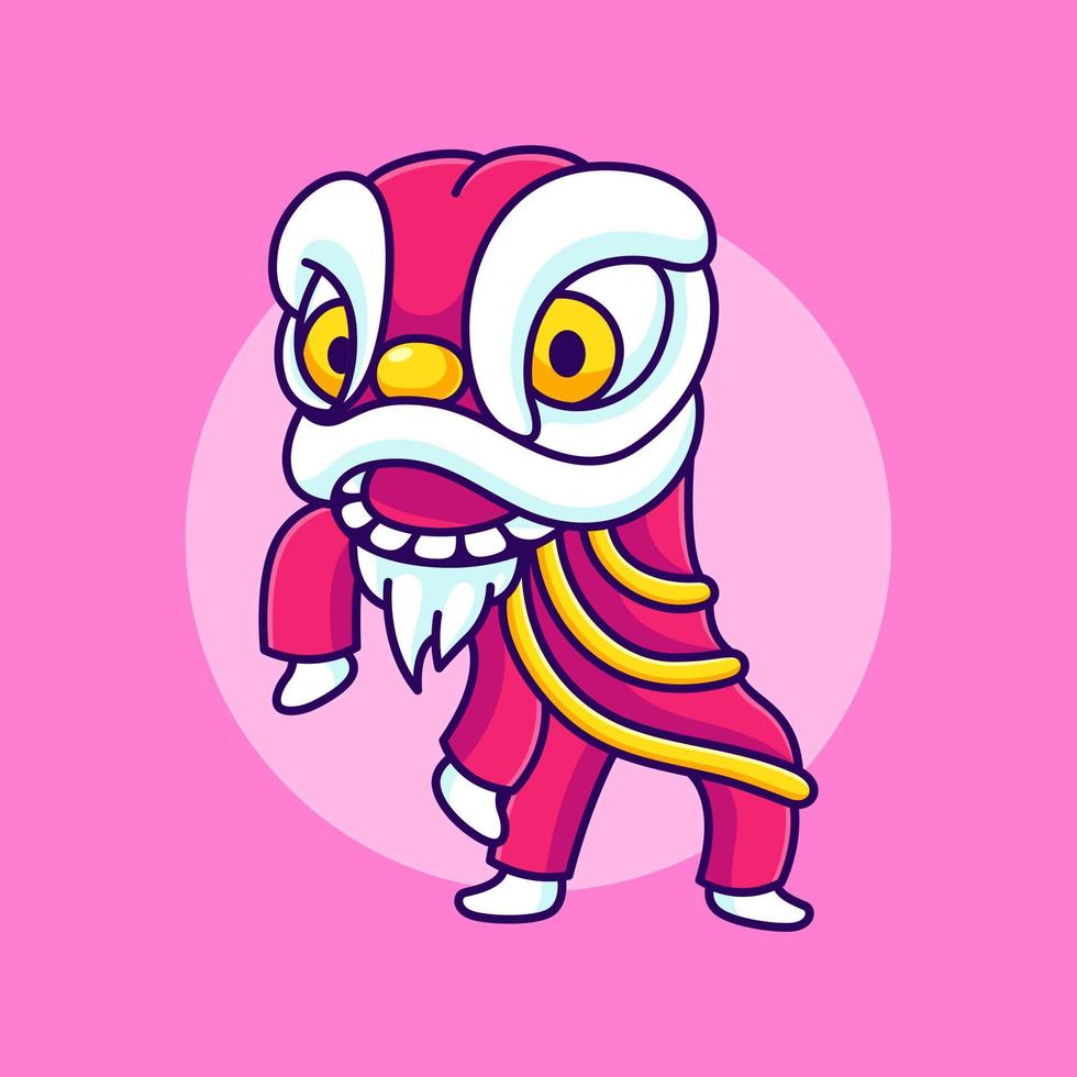 cute lion dance with two people vector illustration. people wearing lion dance costumes flat design