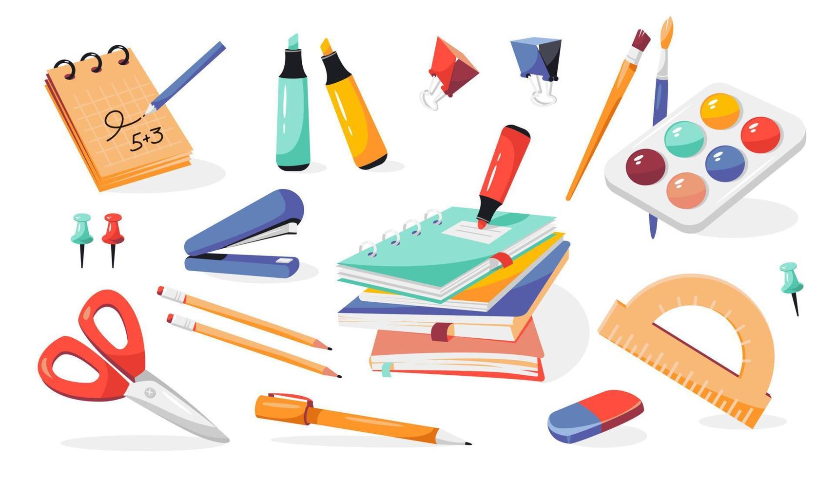 útiles escolares, cuadernos, bolígrafos, lápices, borrador, pinturas, pinceles, engrapadora, tijeras, marcadores, transportador, bloc de notas. De vuelta a la escuela. vector