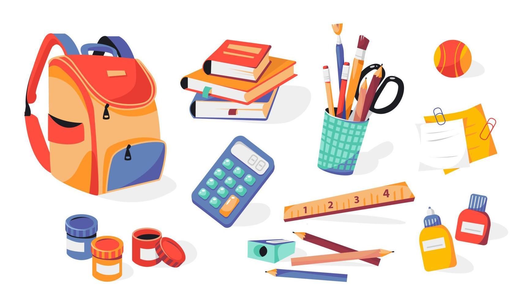 útiles escolares, mochila, lápices, pinceles, pinturas, regla, sacapuntas, pegatinas, calculadora, libros, pegamento. De vuelta a la escuela. vector