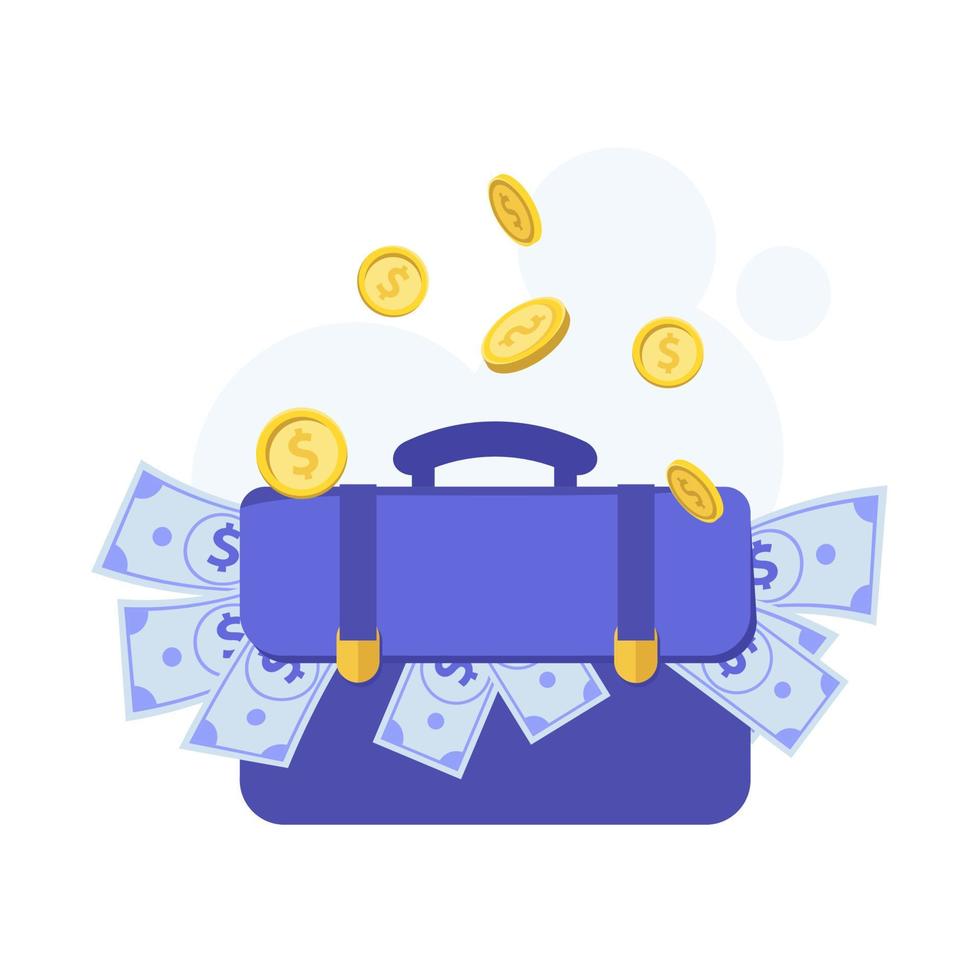 A suitcase full of money. A suitcase with bills and coins. Business concept. vector