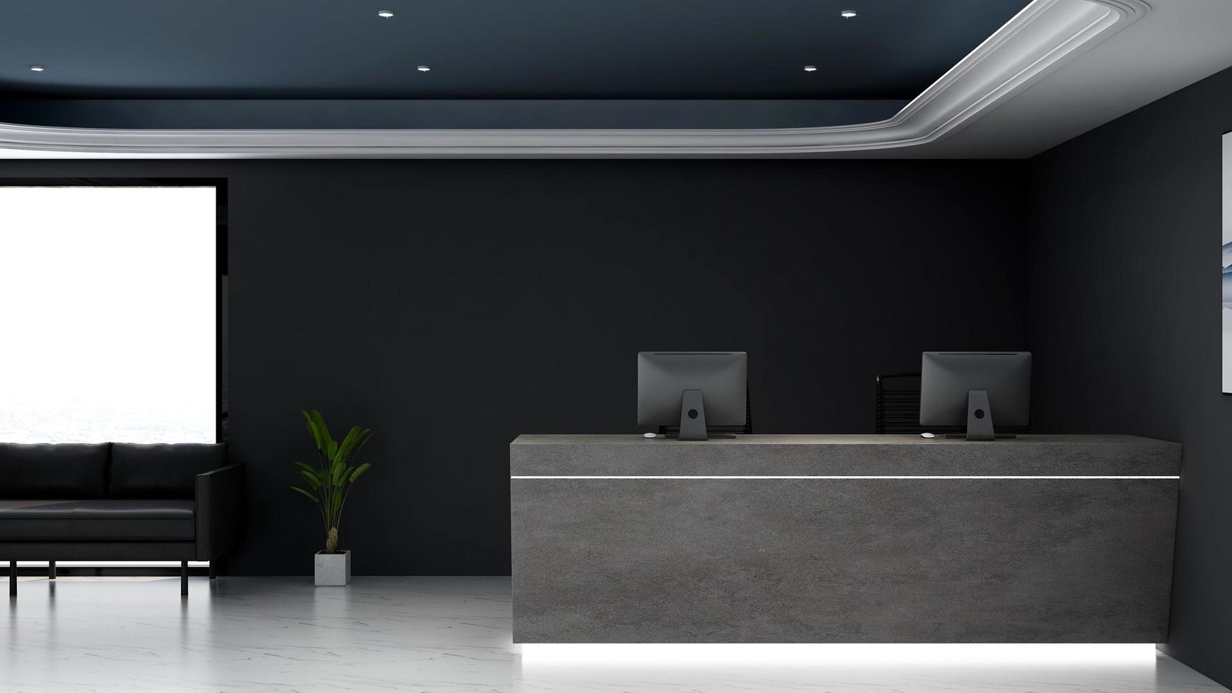 3D Rendering Modern Wooden Reception Room or Front Desk Mockup photo