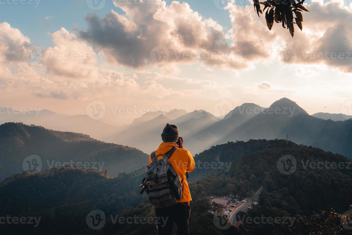 Hiking in mountains in the evening photo