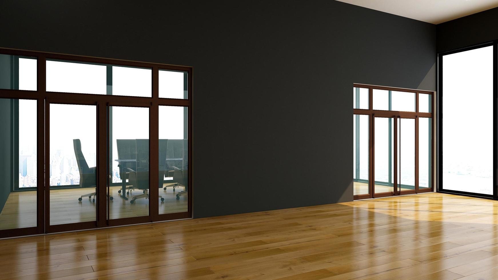 3d render illustration side view of modern minimalist meeting room through window room photo