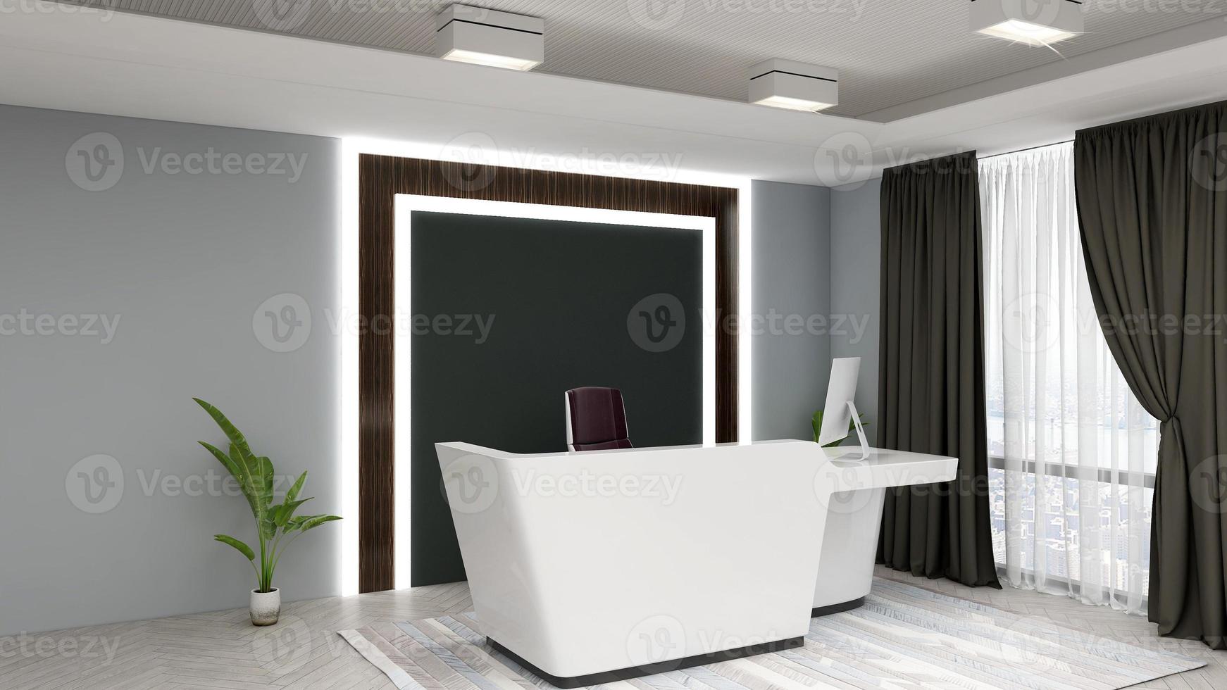 3D Rendering Modern Wooden Reception Room or Front Desk Mockup photo