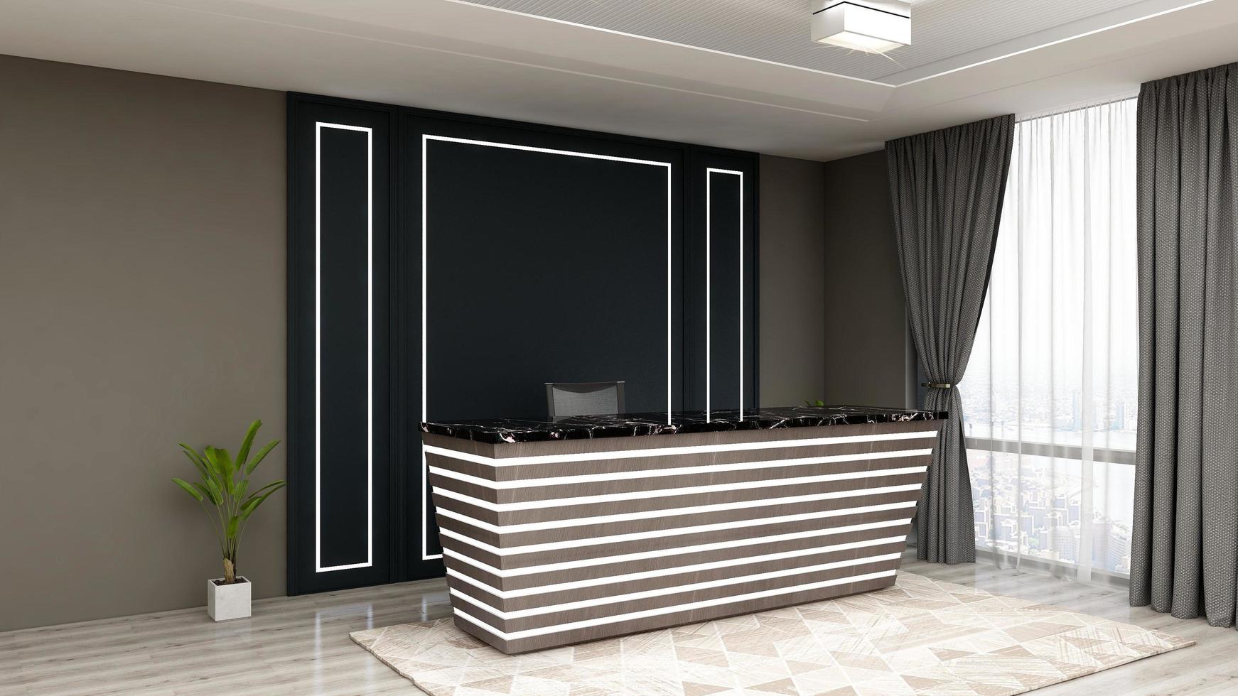 3D Rendering Modern Wooden Reception Room or Front Desk Mockup photo