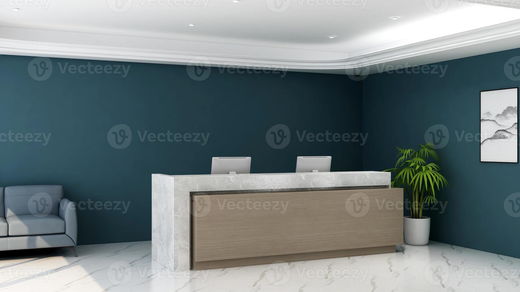 3D Rendering Futuristic Reception Room or Front Desk Mockup photo