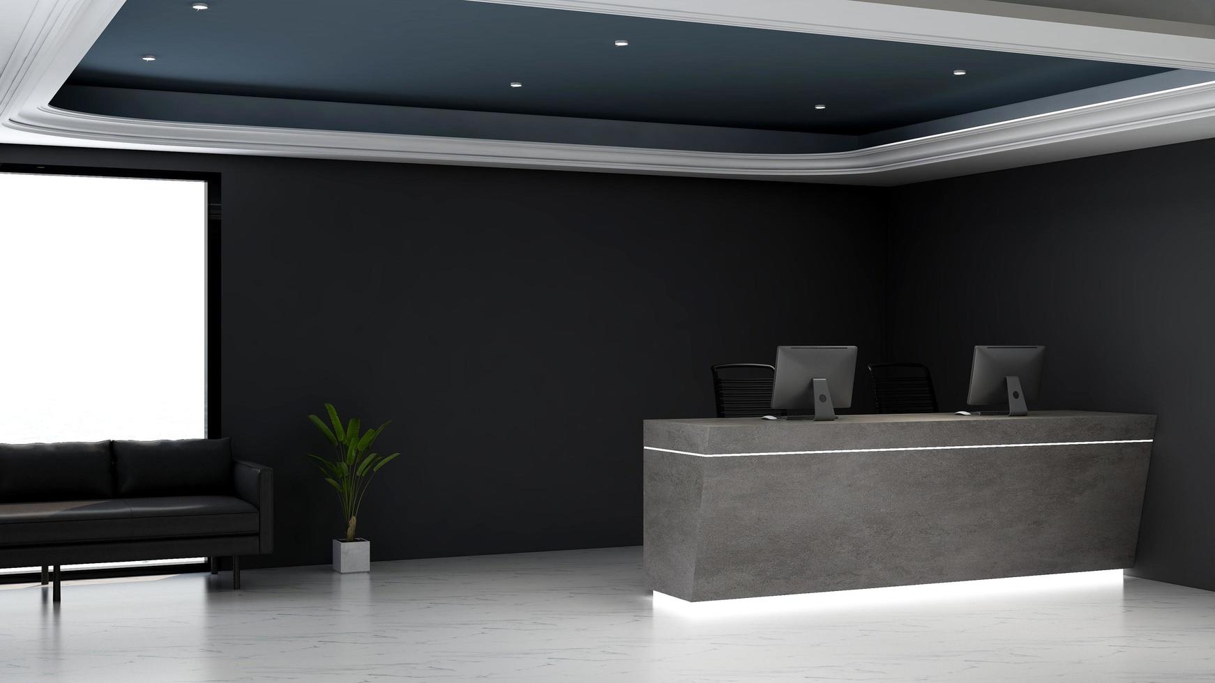 3D Rendering Futuristic Reception Room or Front Desk Mockup photo