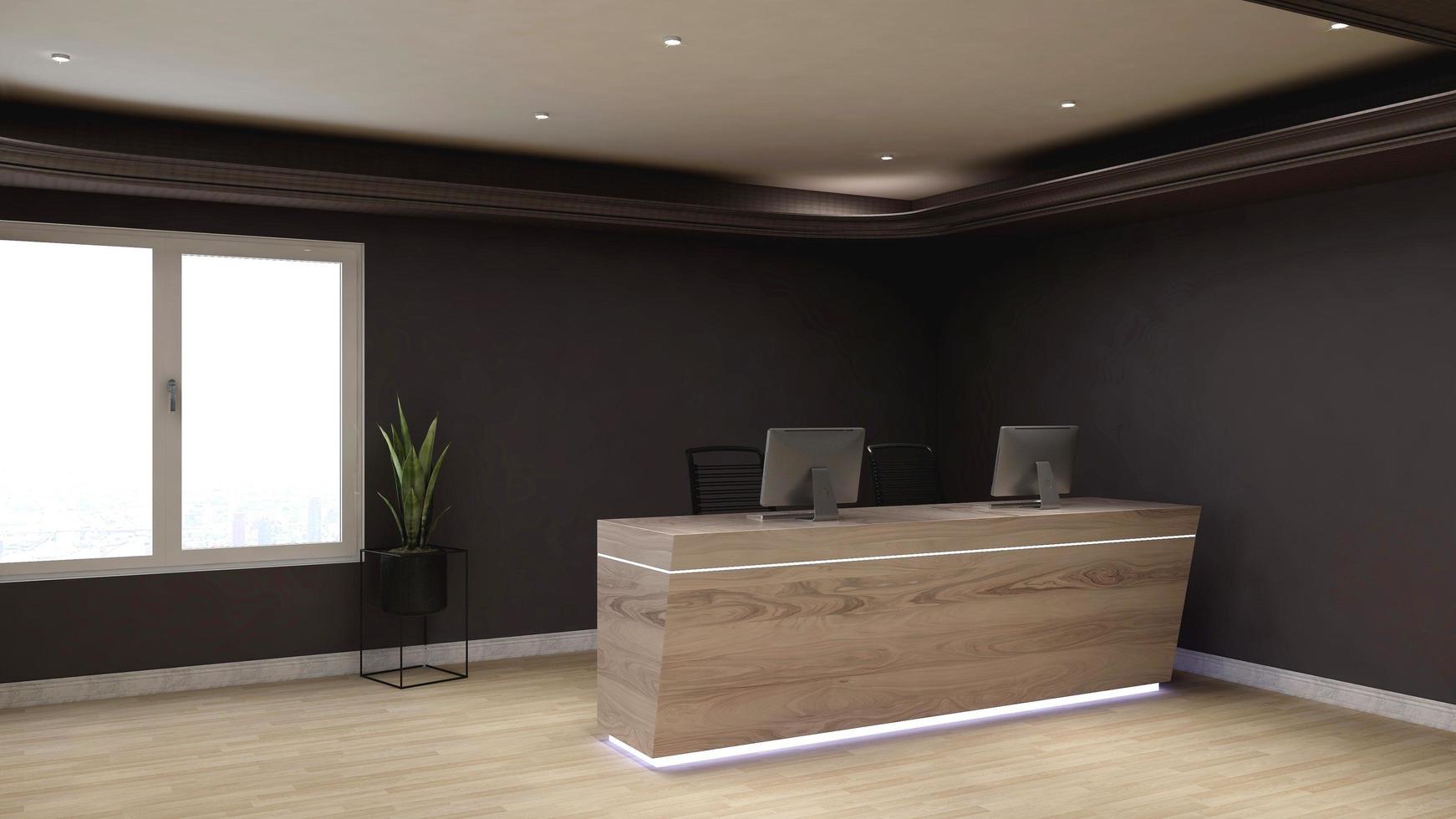 3D Rendering Futuristic Reception Room or Front Desk Mockup photo