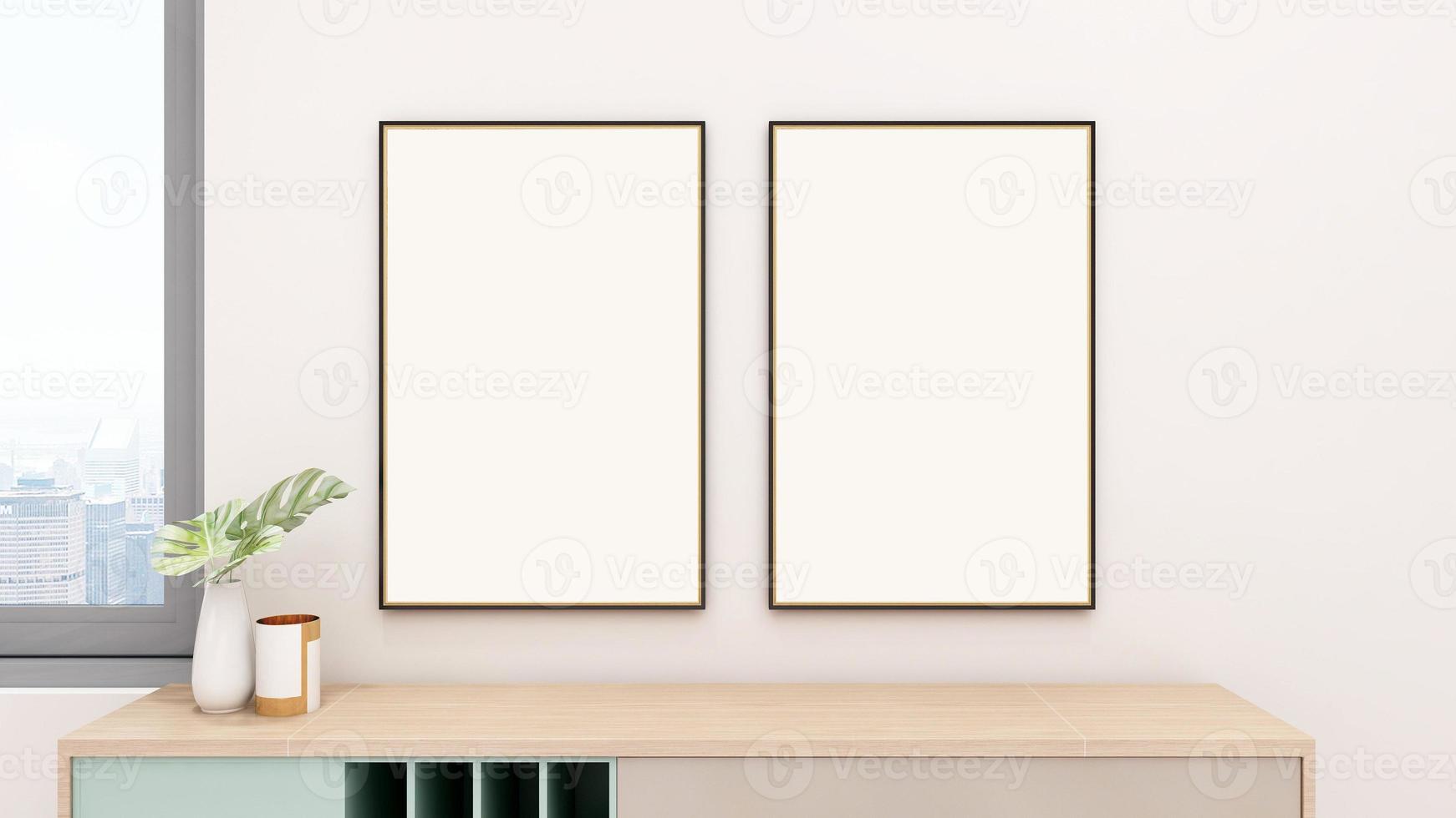 3D Render Blank frame mockup in modern minimalist interior design of living room photo