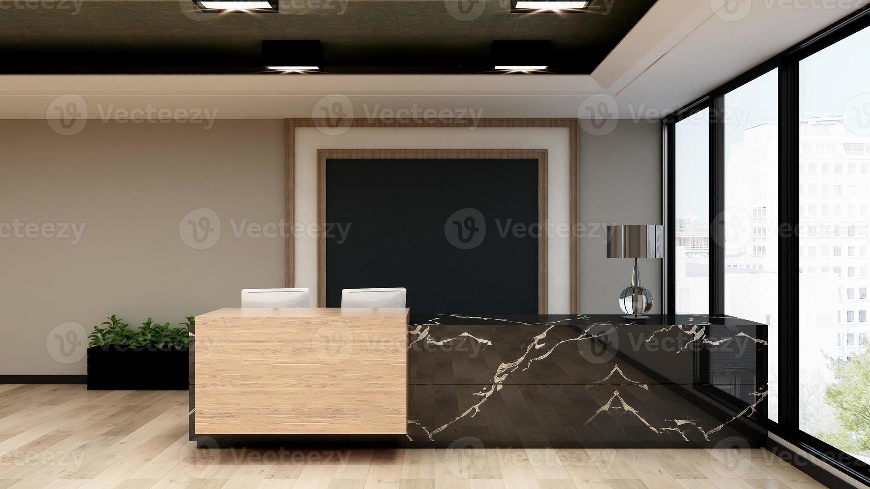 3D Rendering Modern Wooden Reception Room or Front Desk Mockup photo