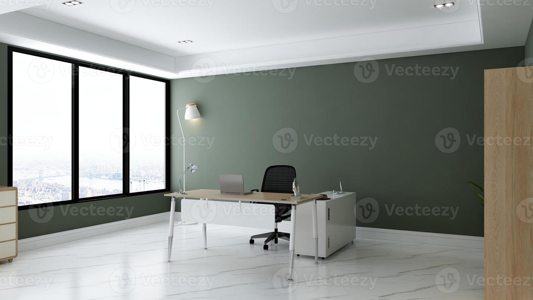 Sala minimalista de oficina de render 3d con interior de diseño de madera foto