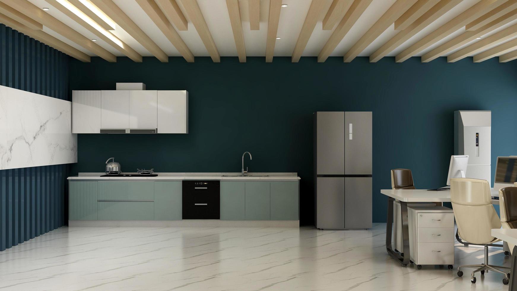 Diseño de interiores de cocina de oficina de render 3d foto