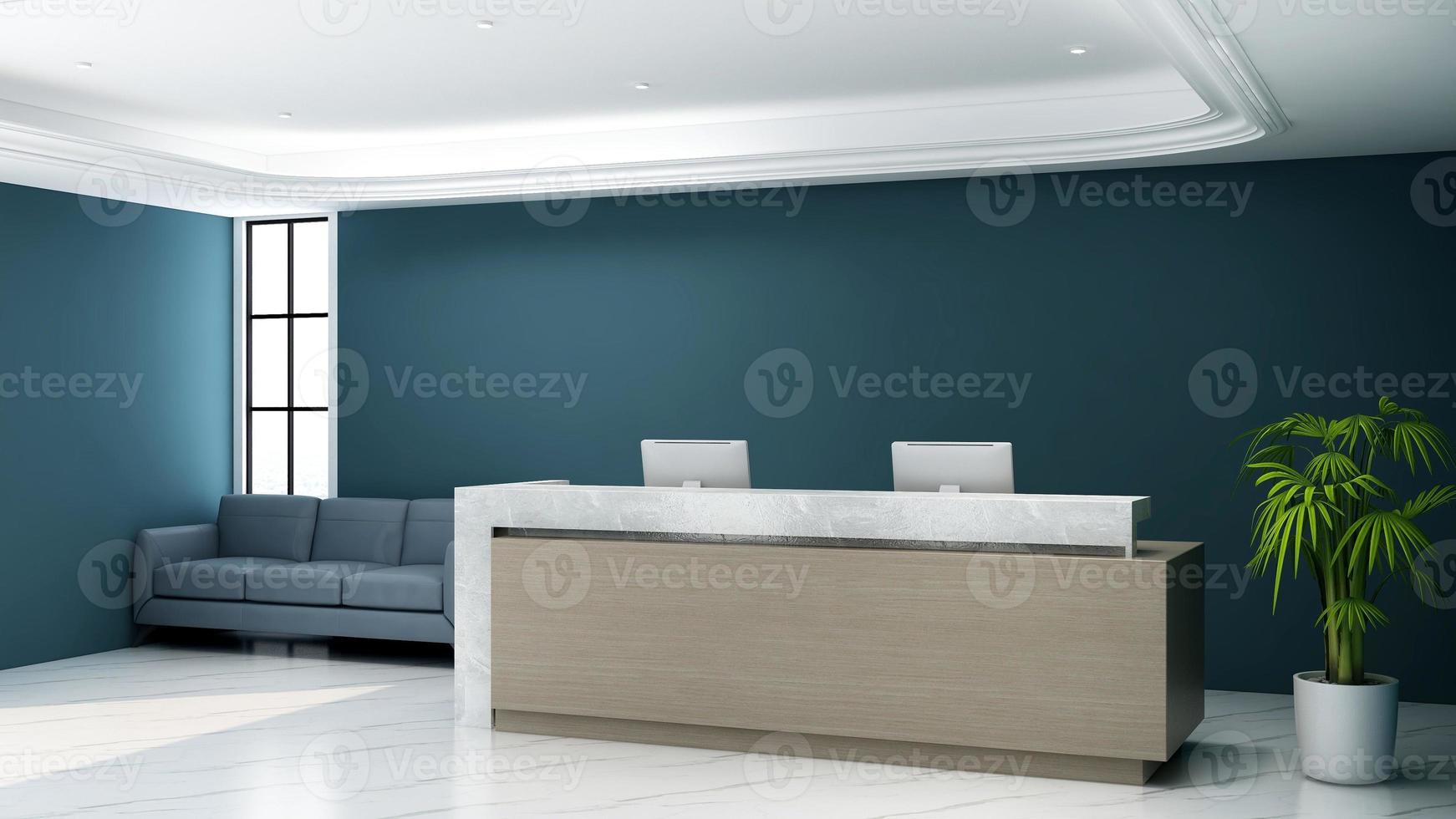 3D Rendering Futuristic Reception Room or Front Desk Mockup photo