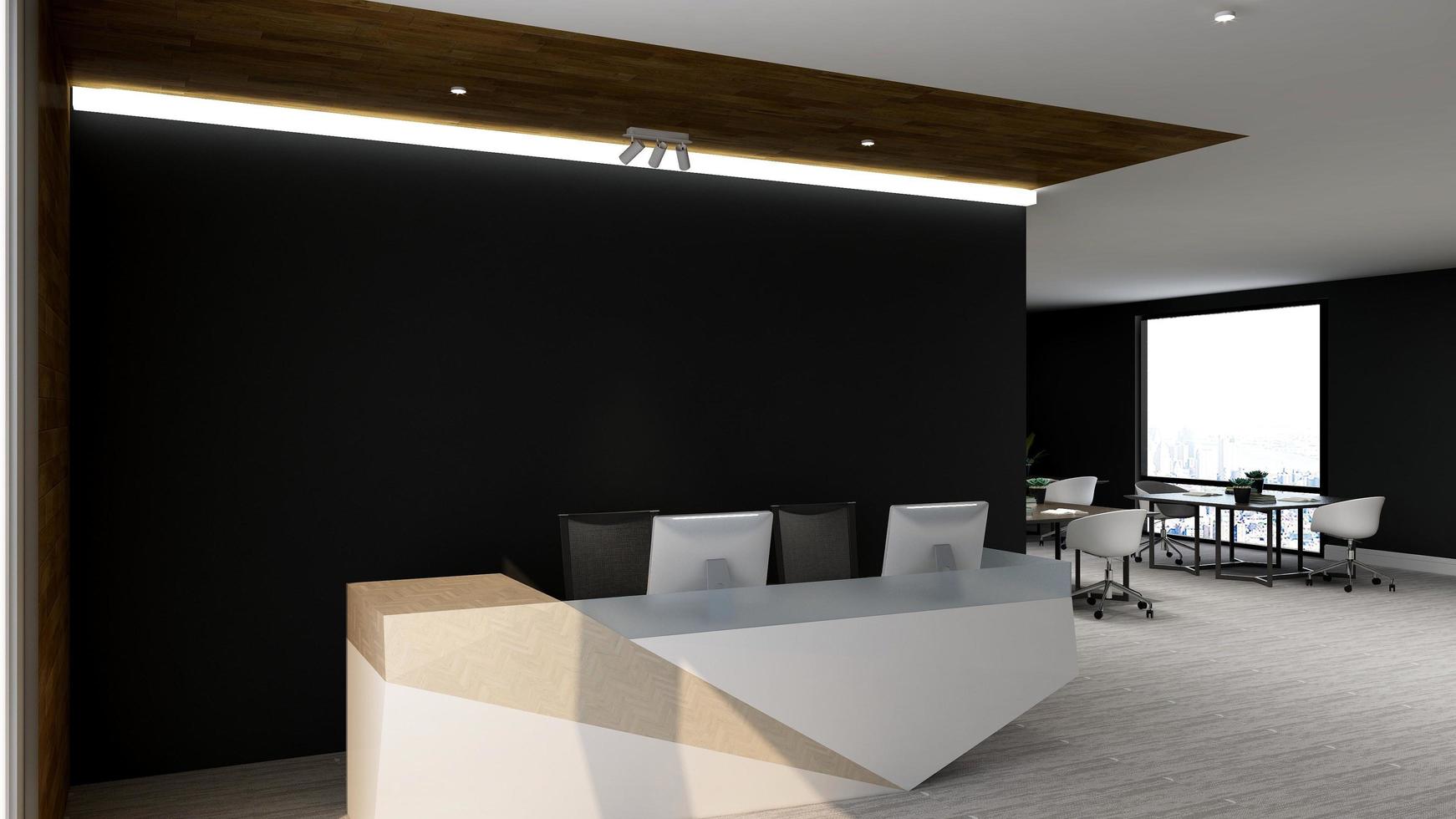 3D Rendering Futuristic Reception Room or Front Desk Mockup photo