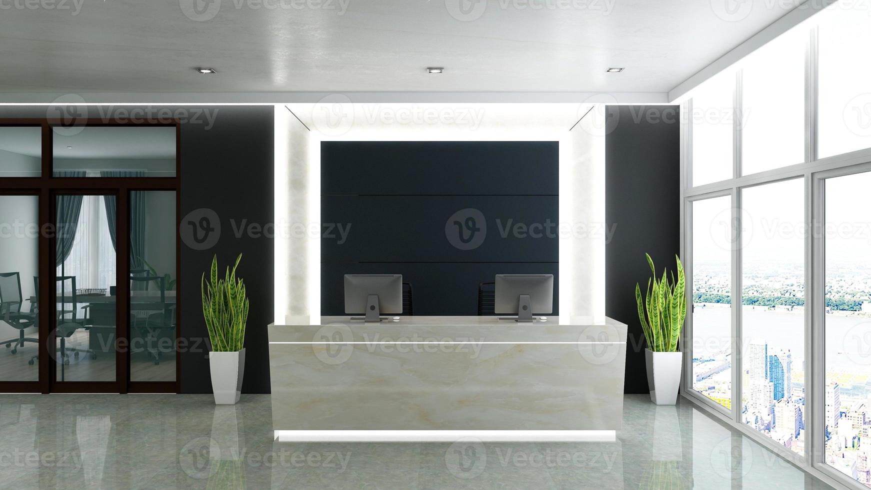 3D Rendering Futuristic Reception Room or Front Desk Mockup photo