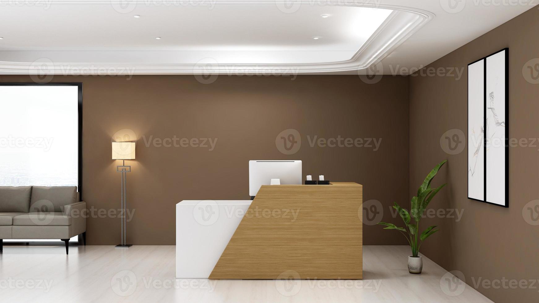 3D Rendering Futuristic Reception Room or Front Desk Mockup photo