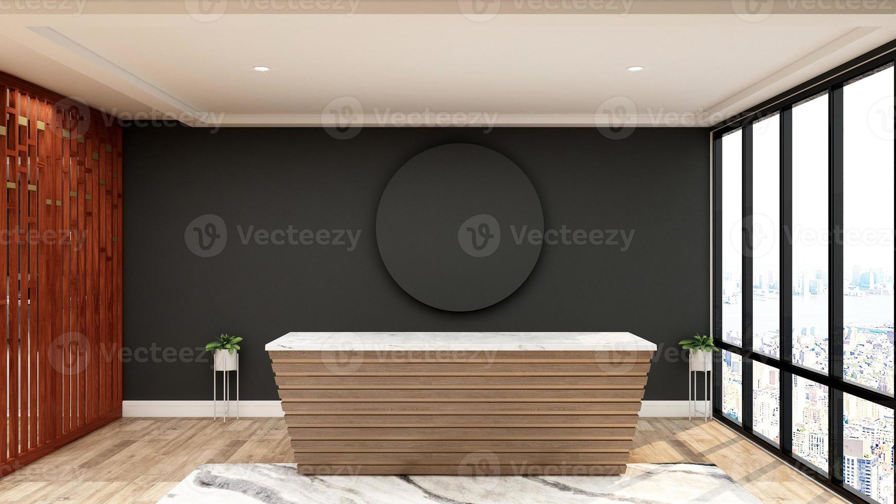 3D Rendering Modern Wooden Reception Room or Front Desk Mockup photo