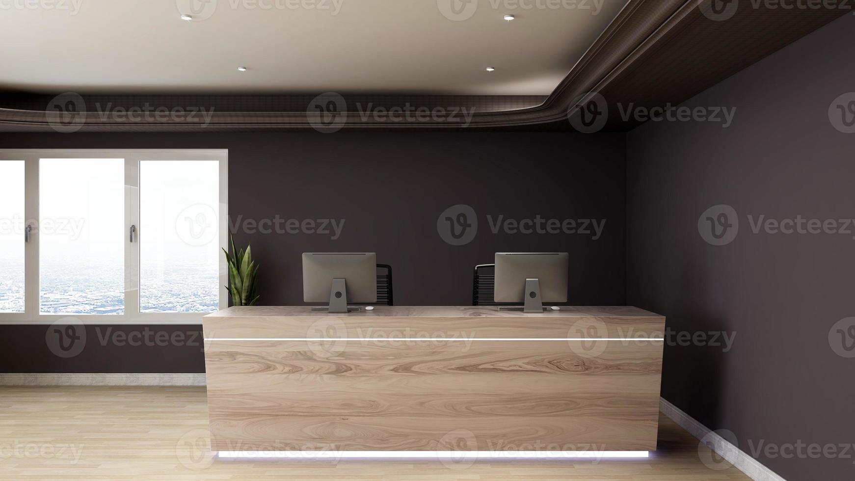 3D Rendering Futuristic Reception Room or Front Desk Mockup photo