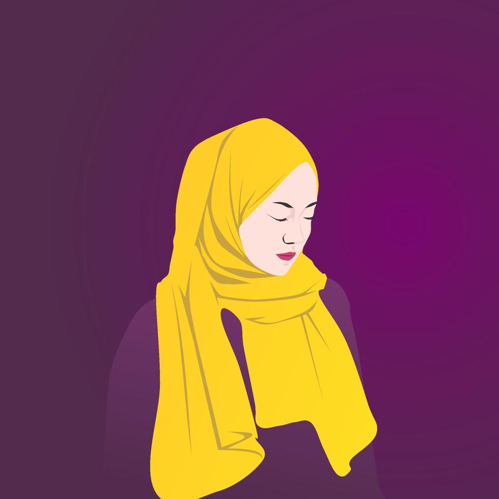 personaje de mujer musulmana con hiyab amarillo y fondo morado vector