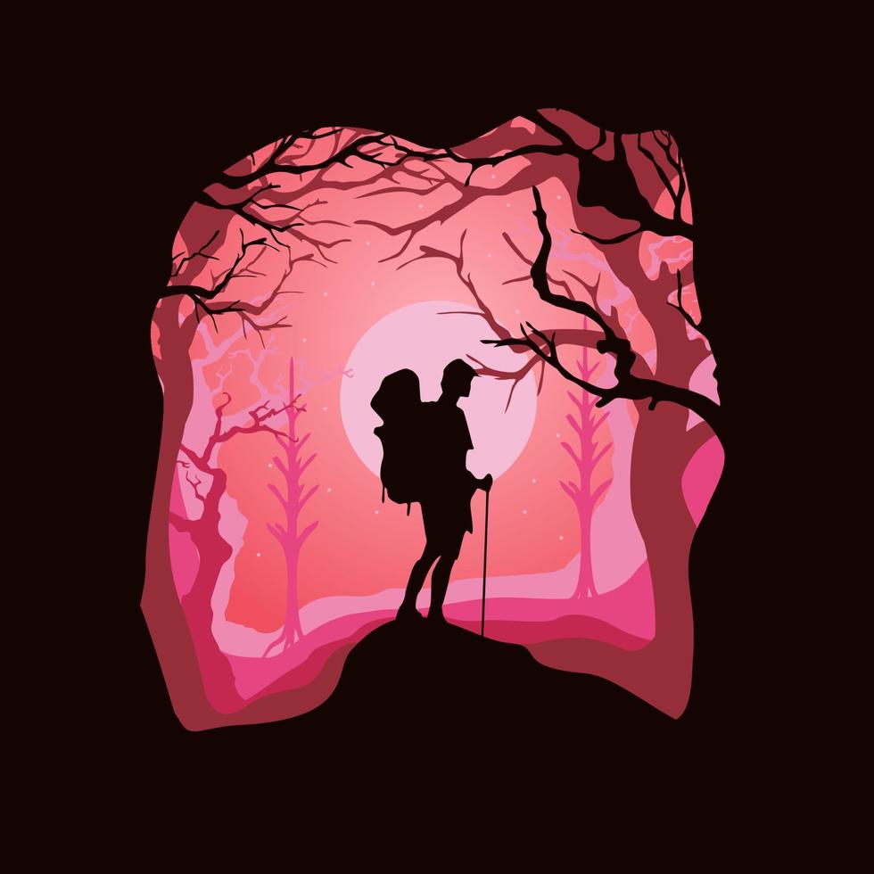 flat design illustration of climber silhouette with night background vector