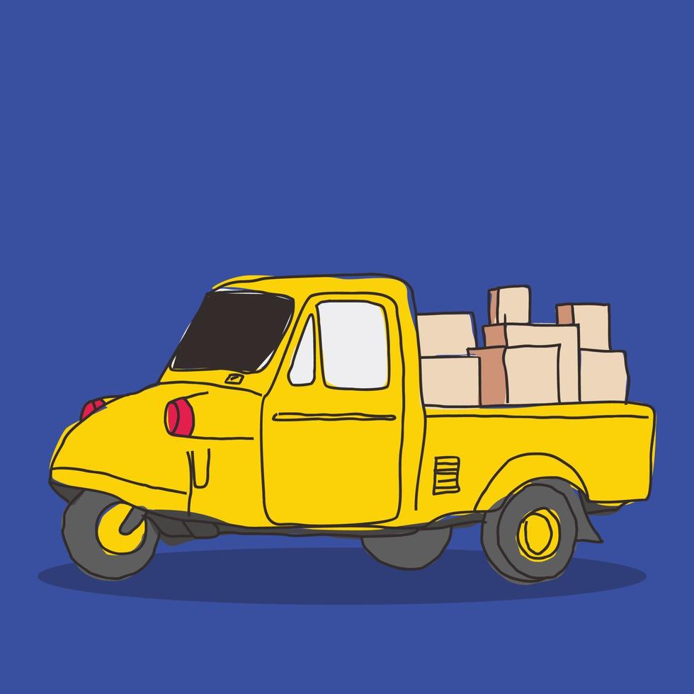 illustration of a tricycle pick up car loading cardboard boxes vector