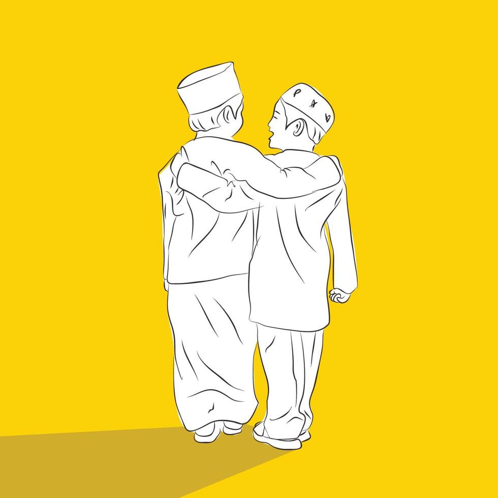 ilustración lineal de la amistad entre dos estudiantes musulmanes vector