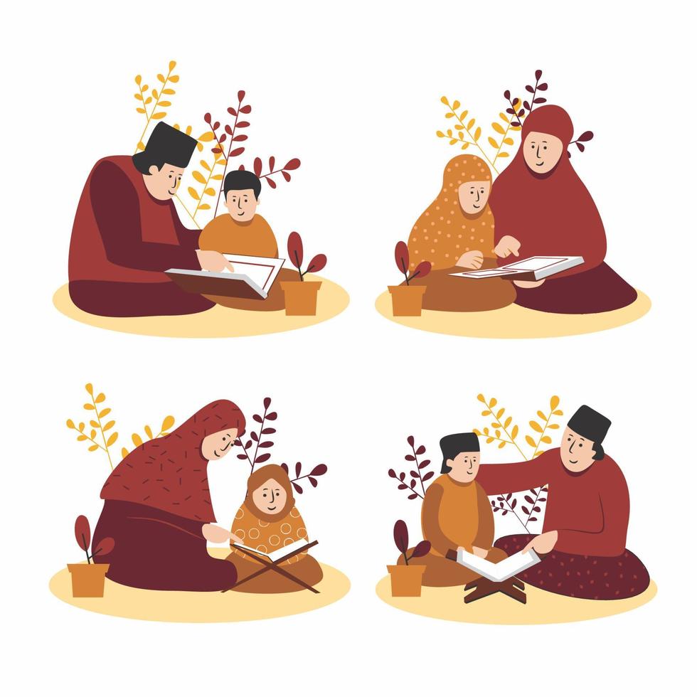 Islamic education vector illustration package - Muslim students and teachers reading the Quran