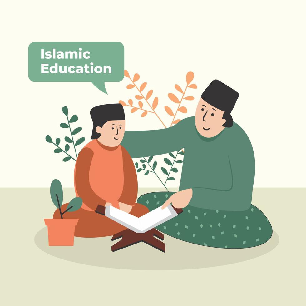 vector illustration of Islamic education - Muslim students and teachers reading the holy quran