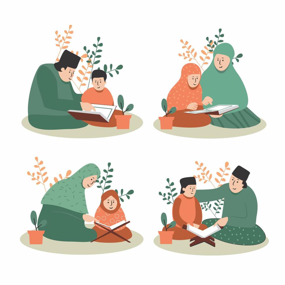 Islamic education vector illustration package - Muslim students and teachers reading the Quran