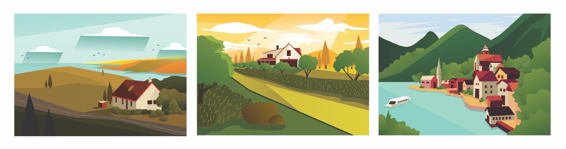 Landscape of beautiful holiday cottage, city, mountain, and bay - vector illustration of natural and rustic background for poster, banner, card, brochure, or cover.