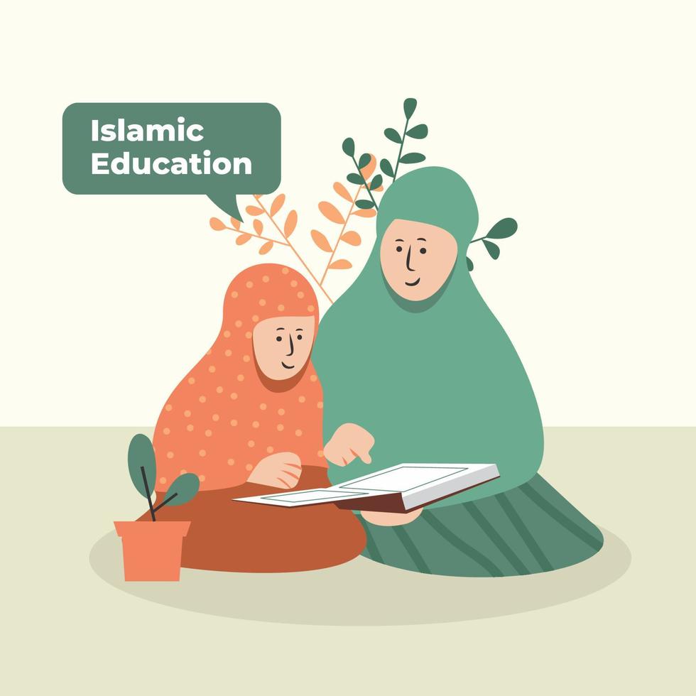 vector illustration of Islamic education - Muslim students and teachers reading the holy quran