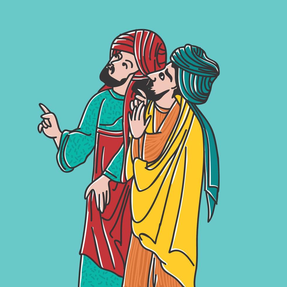 illustration of two Arabic Islamic Sufi people pointing and looking up vector