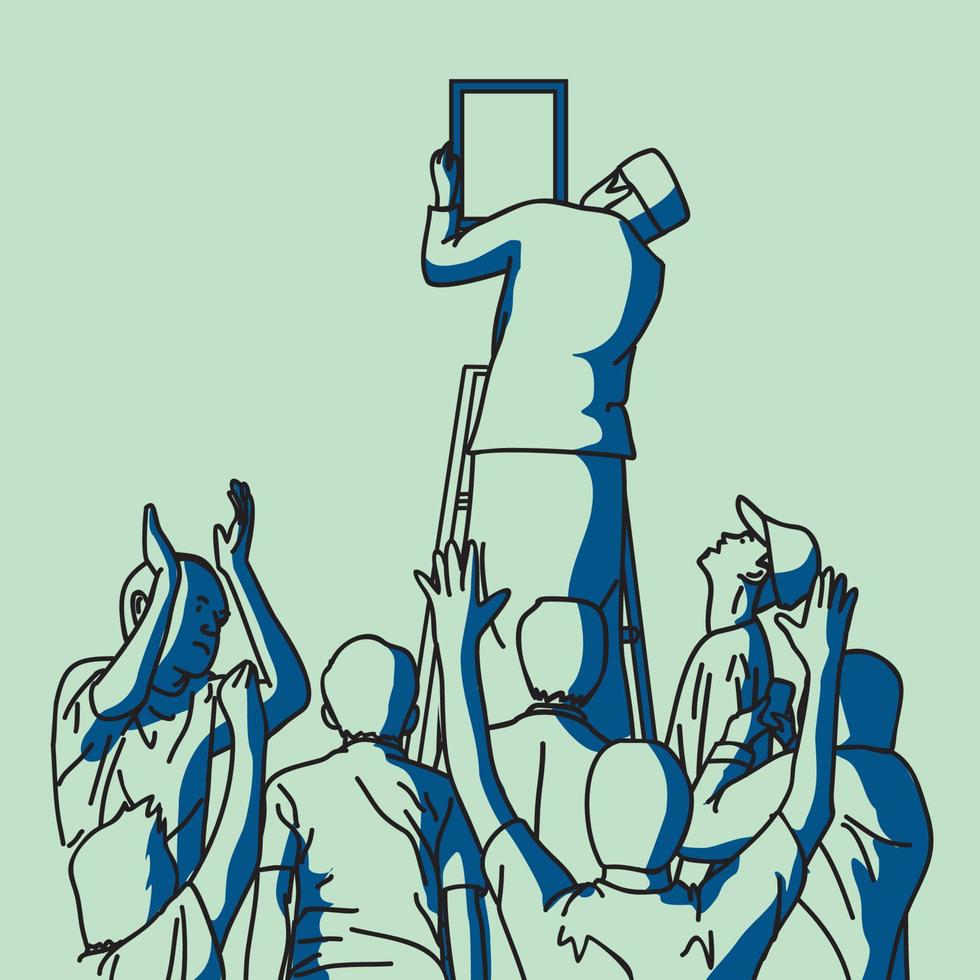 an illustration of a person putting a frame on the wall and witnessed by many people clapping their hands vector