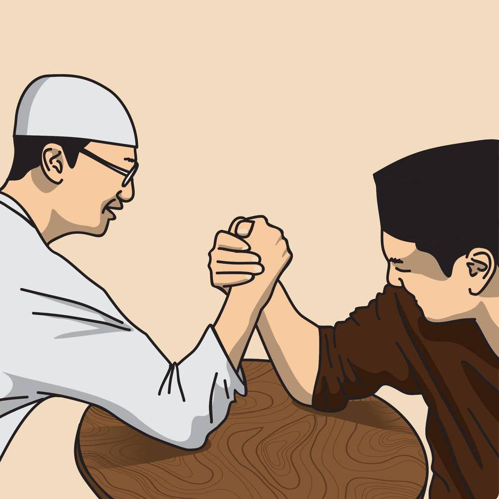 illustration of two Muslims arm wrestling, suitable for depicting conflicts, competition, or friendly matches vector