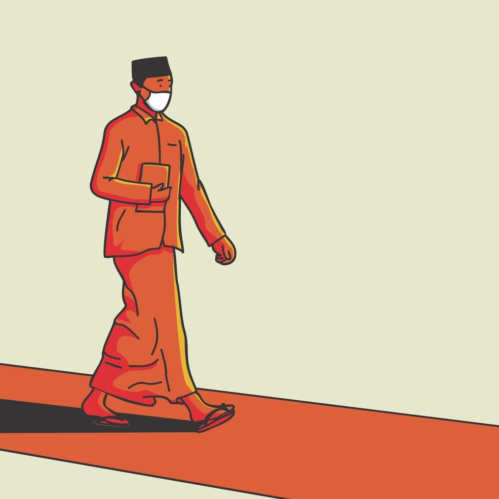 illustration of a Muslim student walking in a mask with a book in his hand vector
