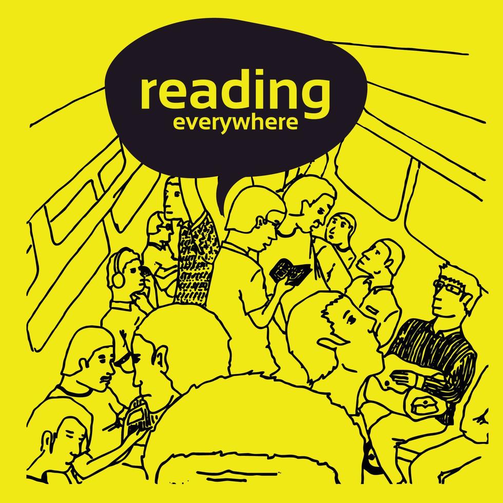 lineart illustration poster of reading in the crowded train vector