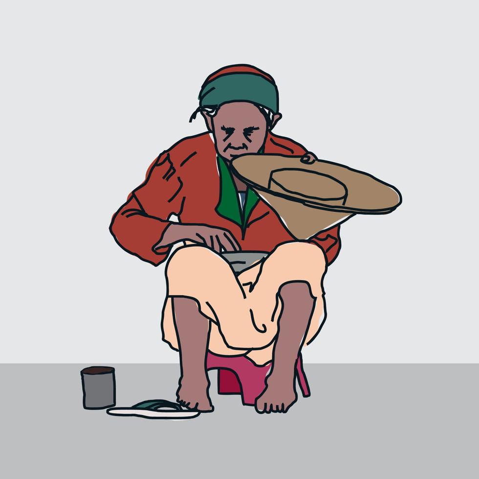 illustration of an old grandmother begging with slippers and a tin next to her vector