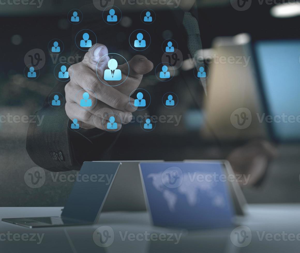 Double exposure of businessman working with new modern computer show social network photo