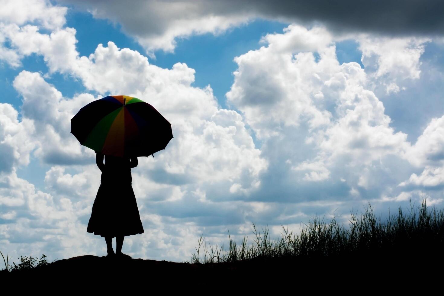 silueta de mujer sosteniendo paraguas día soleado foto